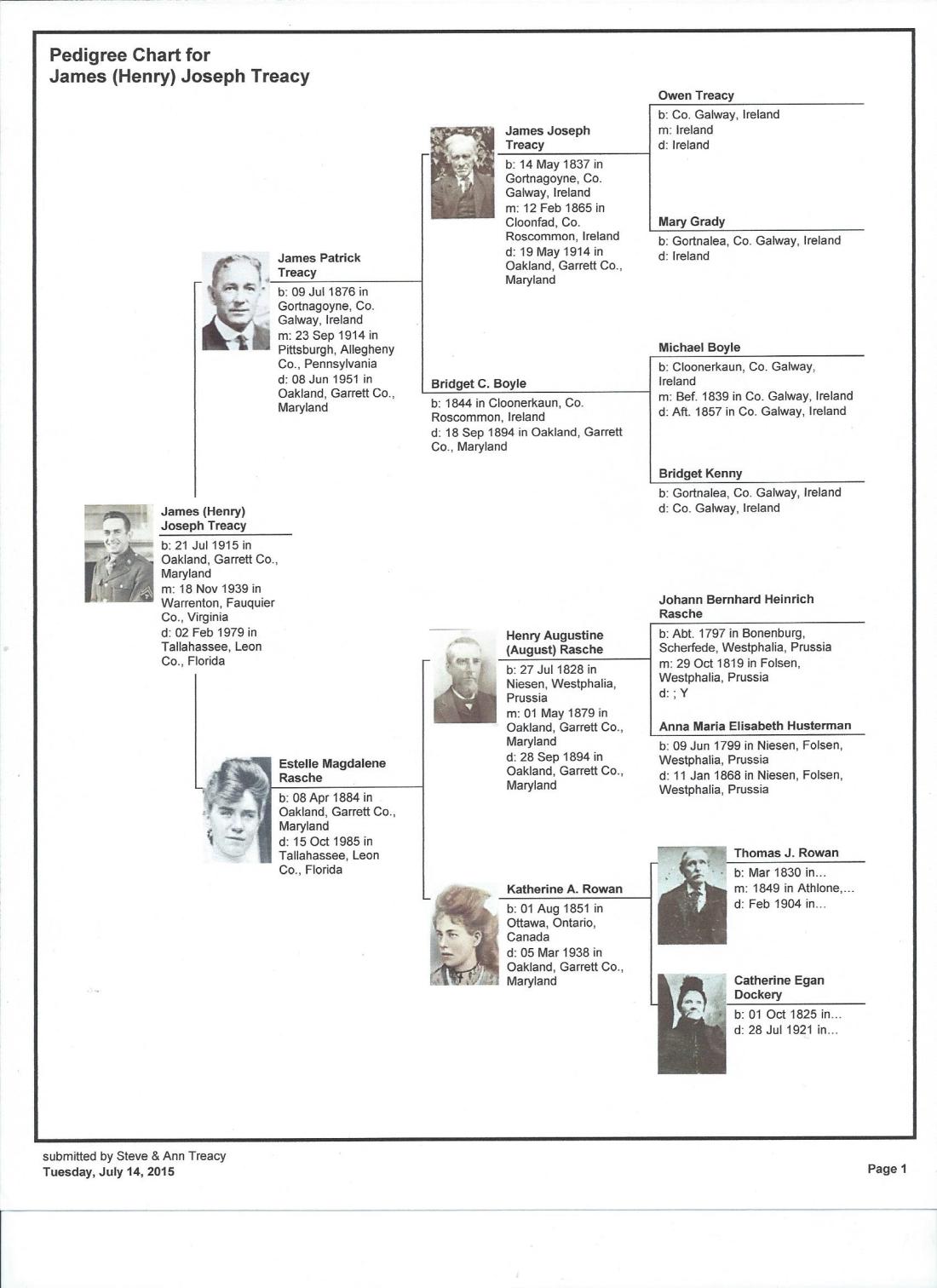 pedigree chart for James (Henry) Joseph Treacy